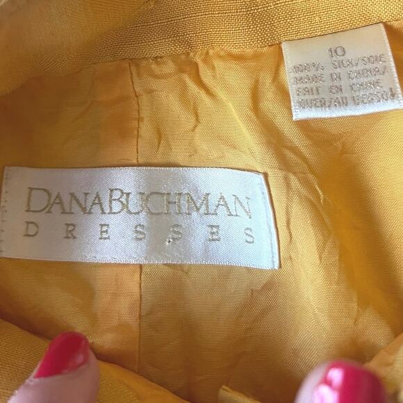 Vintage 90s Minimalist Silk Midi Dress Mustard Yellow Mandarin Collar Button 10 - Picture 7 of 7